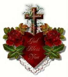 God Bless You in a red heart with a cross and two red roses