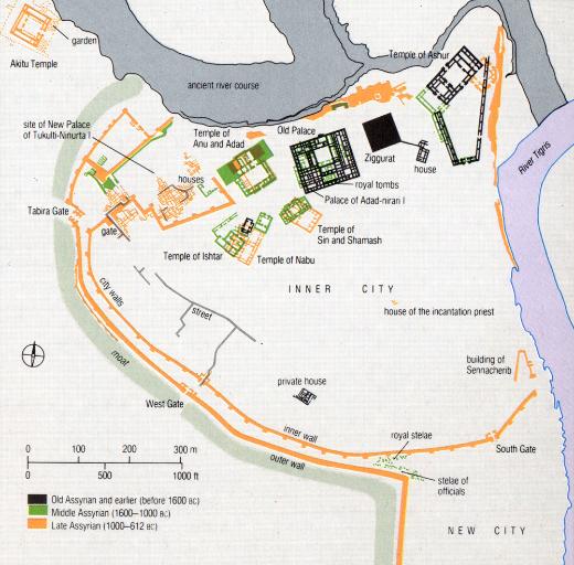 Site map of Ashur city during 1600 to 612 BC